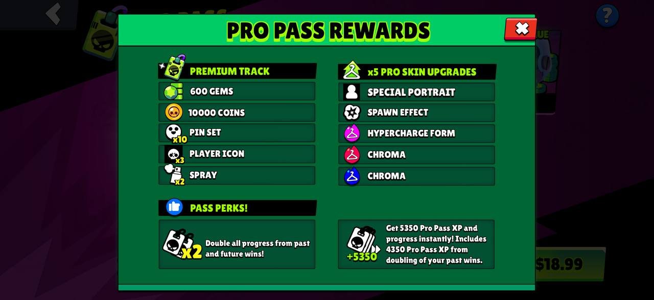 Награды Pro Pass: 600 гемов, 10 000 монет, пять улучшений Pro-скина