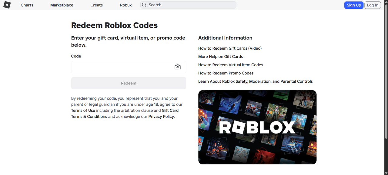 Страница roblox.com/redeem на компьютере: поле Code и кнопка Redeem